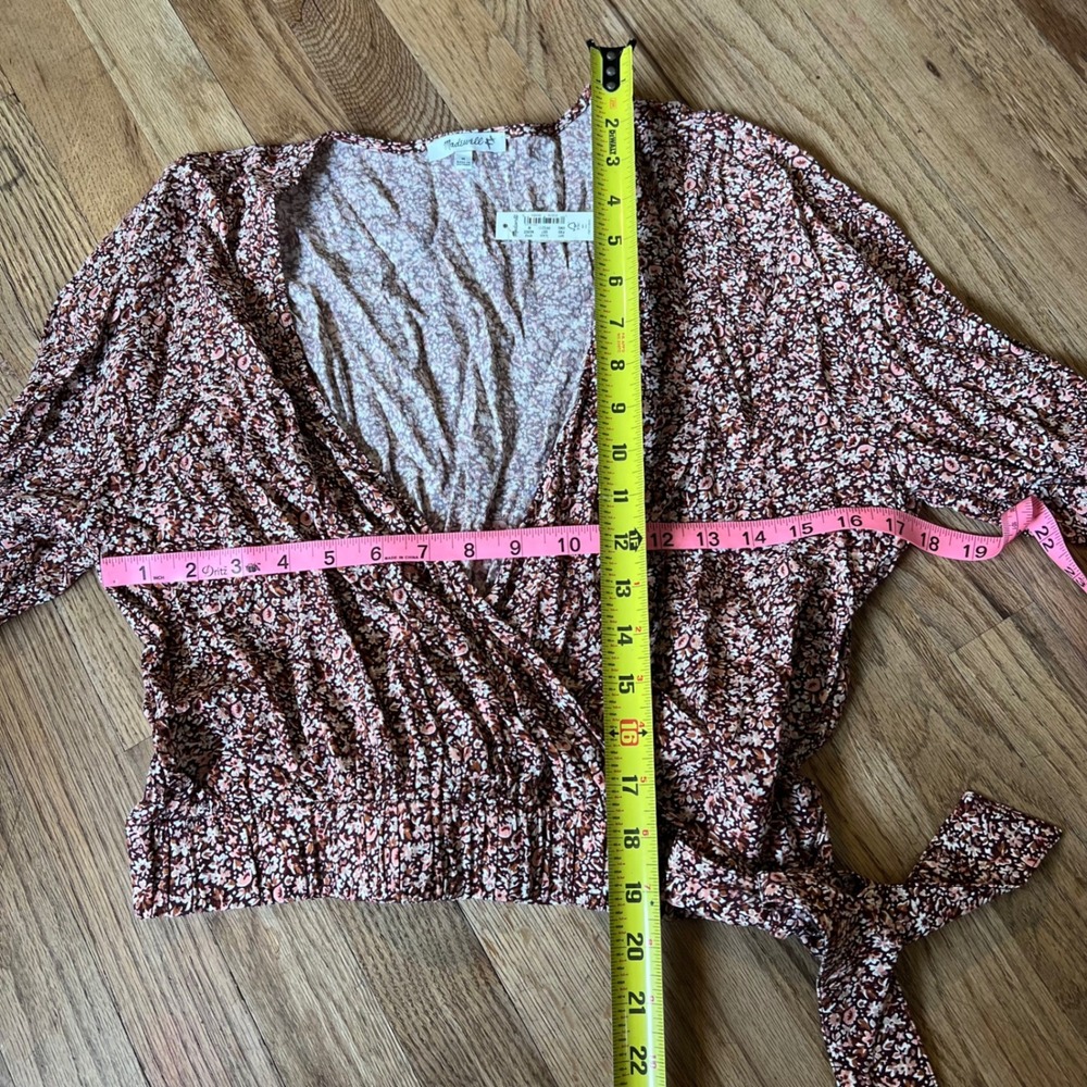 Madewell Ditsy Floral Wrap Top Brown Pink Long Sleeve V-Neck Size M NWT - Picture 6 of 7